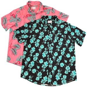 LOT OF 2 Hurley Brand Men XL Flamingo Tropical Button Up Shirt Pink Short Sleeve